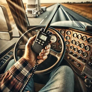 A-close-birds-eye-view-of-a-trucker-talking-on-a-CB-radio