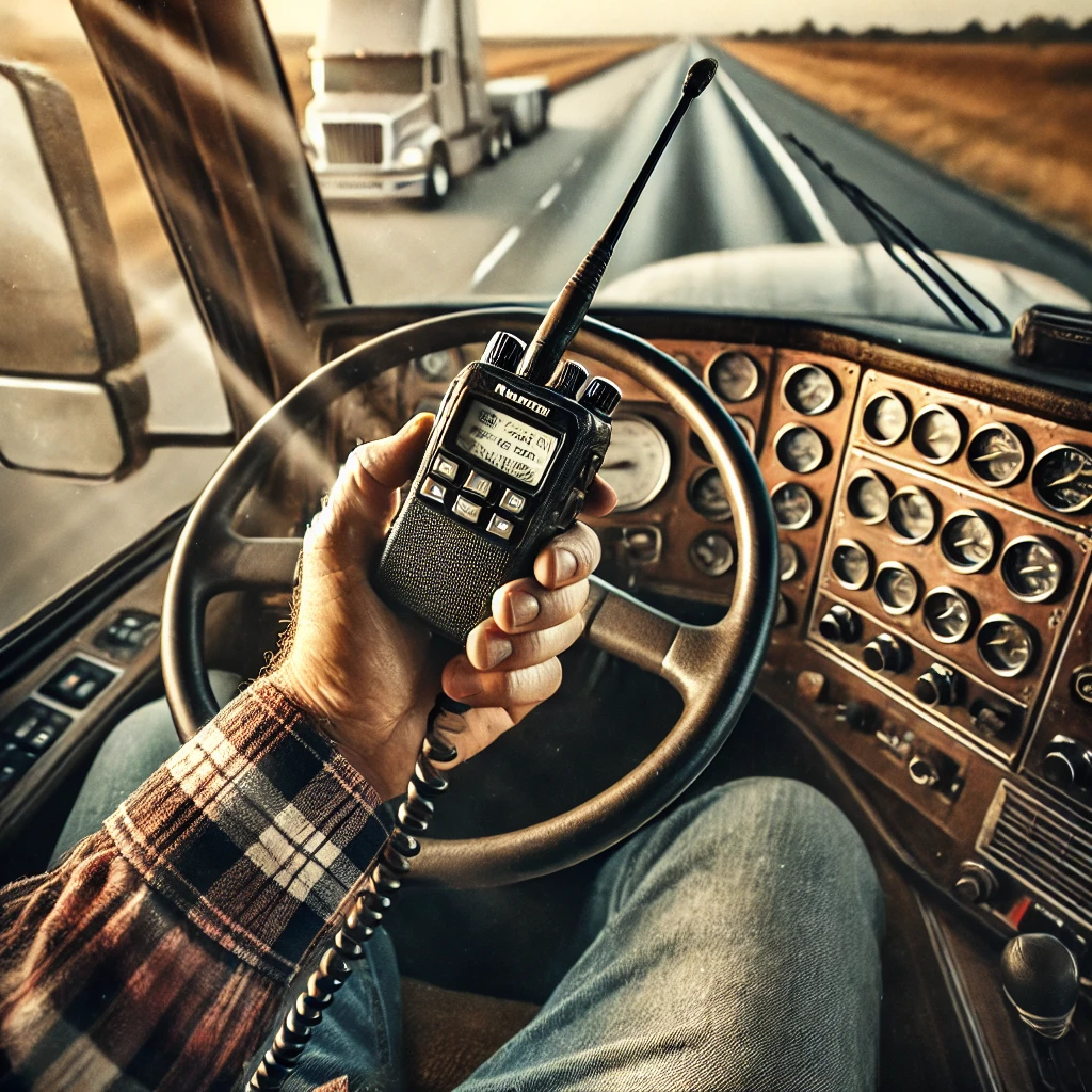 A-close-birds-eye-view-of-a-trucker-talking-on-a-CB-radio