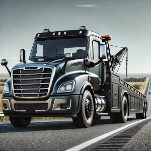 picture-of-a-black-Freightliner-tow-truck-driving-on-a-highway